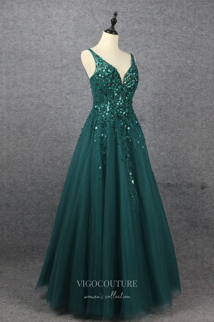 Emerald Green Beaded Prom Dresses Lace Applique Evening Dress