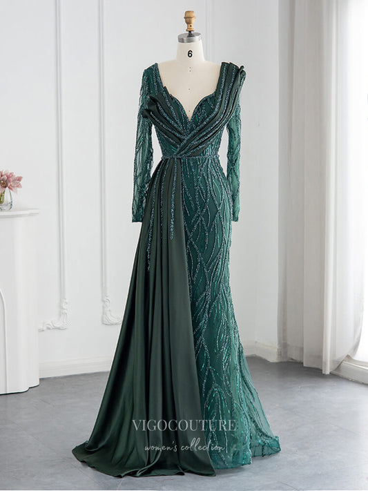 Prom Dress 2025 Emerald Green Beaded Prom Dresses Long Sleeve 1920s Evening Dress 22146-unique elegant Prom Dresses-Emerald-US2-vigocouture