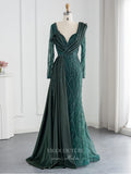 Emerald Green Beaded Prom Dresses Long Sleeve 1920s Evening Dress 22146