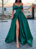 Emerald Green Off the Shoulder Prom Dresses With Slit Satin A-Line Evening Dress 21810