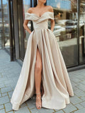 Prom Dress 2025 Emerald Green Off the Shoulder Prom Dresses With Slit Satin A-Line Evening Dress 21810-unique elegant Prom Dresses-Mocha-US2-vigocouture