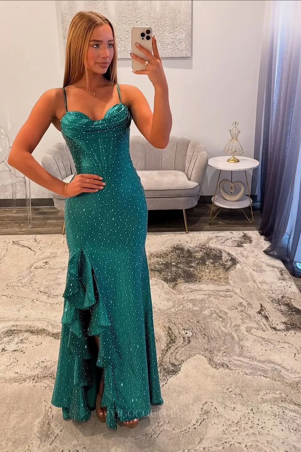 Prom Dresses 2025 to impress Emerald Green Rhinestone Mermaid Prom Dress with Spaghetti Strap, Draped Bust & Ruffle Slit – 26072-vigocouture-vigocouture