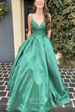 Emerald Green Satin Prom Dresses Spaghetti Strap Evening Gown 21970