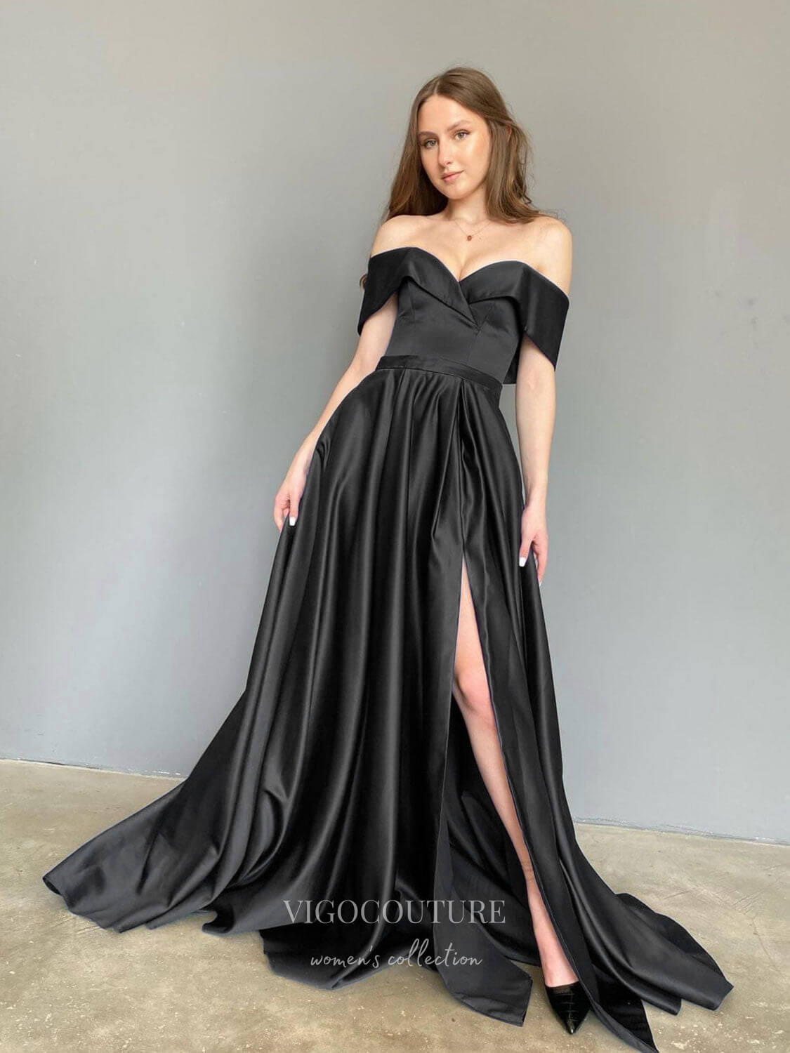 Prom Dress 2025 Emerald Green Satin Prom Dresses With Slit Off the Shoulder Evening Dress 21826-unique elegant Prom Dresses-Black-US2-vigocouture