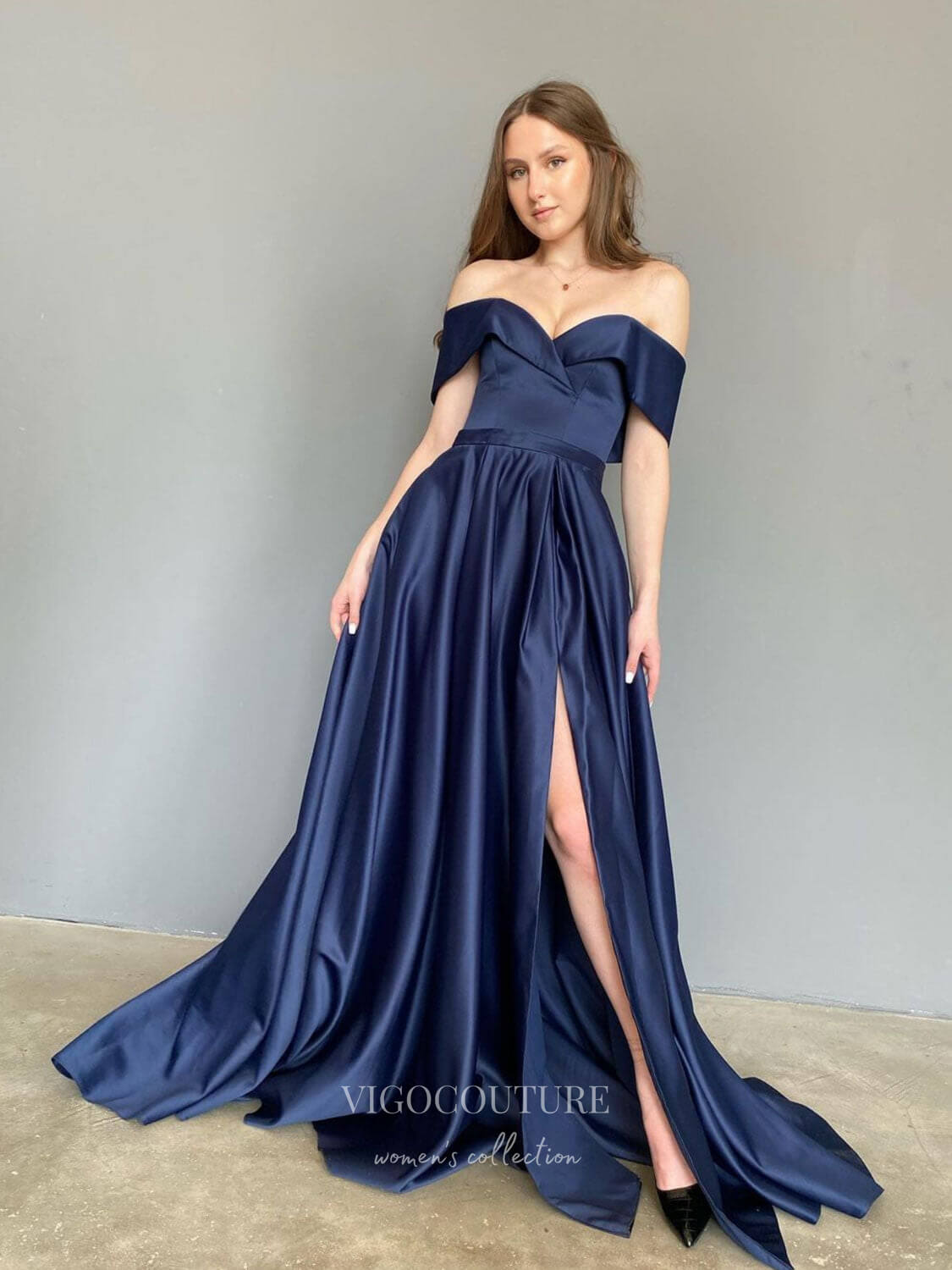 Prom Dress 2025 Emerald Green Satin Prom Dresses With Slit Off the Shoulder Evening Dress 21826-unique elegant Prom Dresses-Blue-US2-vigocouture