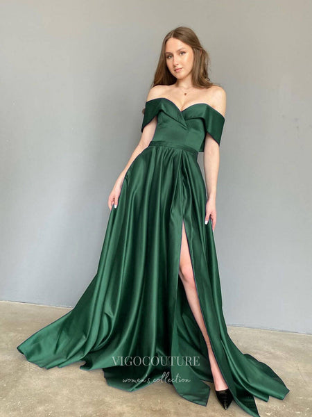 Emerald Green Satin Prom Dresses With Slit Off the Shoulder Evening Dr vigocouture Emerald Green Satin Prom Dresses With Slit Off the Shoulder Evening Dr vigocouture
