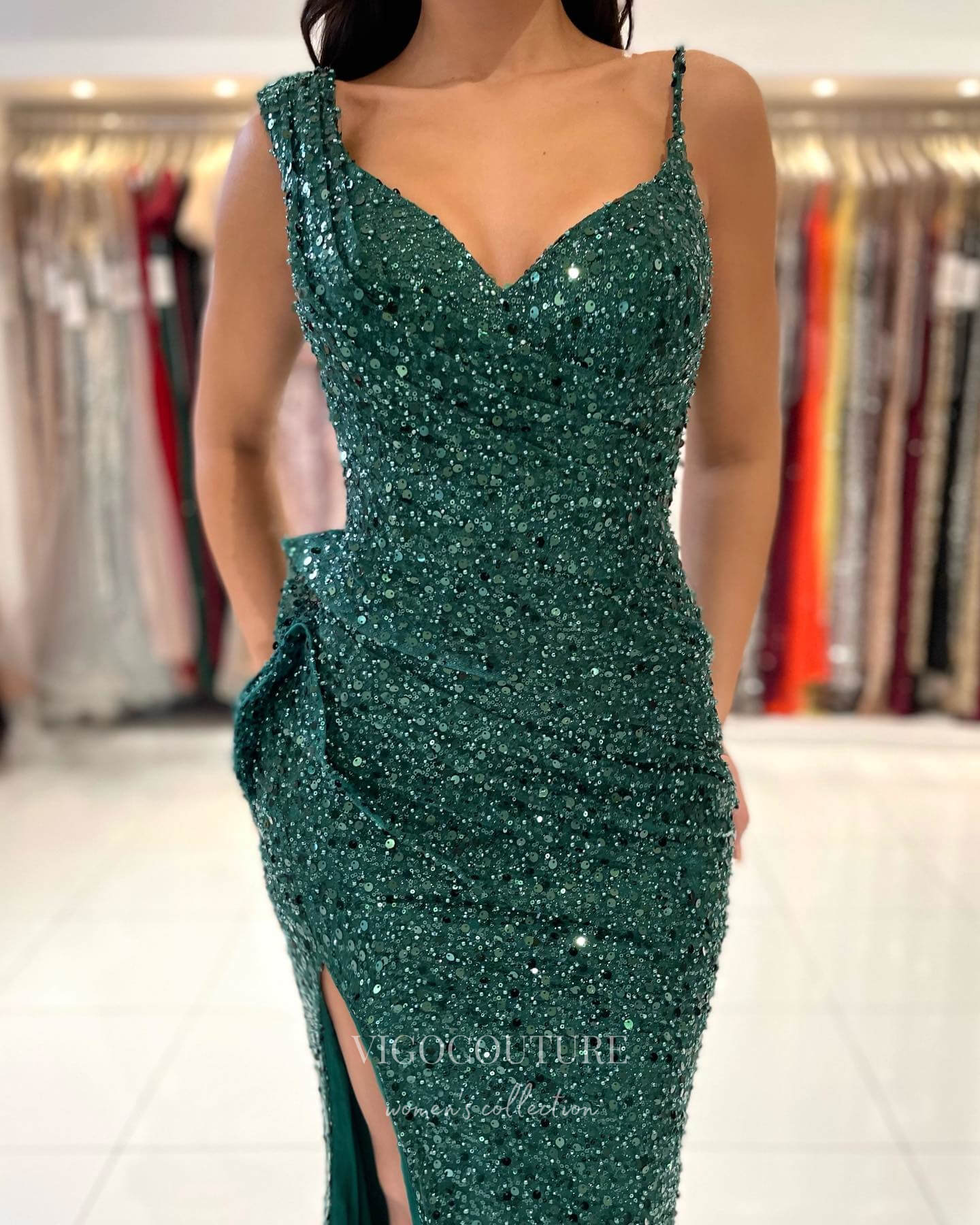 Prom Dress 2025 Emerald Green Sequin Prom Dresses With Slit Mermaid Evening Dress 21812-unique elegant Prom Dresses-Green-US2-vigocouture