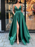 Emerald Green Spaghetti Strap Prom Dresses With Slit Satin A-Line Evening Dress 21810