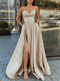 Prom Dress 2025 Emerald Green Strapless Prom Dresses With Slit Satin A-Line Evening Dress 21810-unique elegant Prom Dresses-Mocha-US2-vigocouture