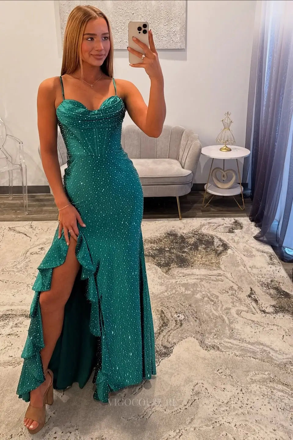 Prom Dresses 2025 to impress Emerald Rhinestone Prom Dress with Cowl Corset, Ruffle Slit & Spaghetti Straps – 26134-vigocouture-vigocouture