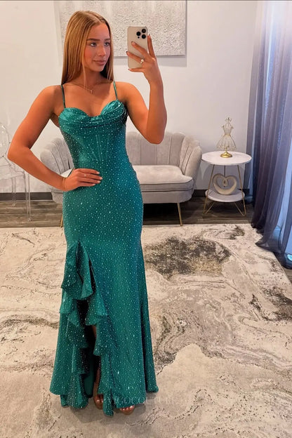 Prom Dresses 2025 to impress Emerald Rhinestone Prom Dress with Cowl Corset, Ruffle Slit & Spaghetti Straps – 26134-vigocouture-vigocouture