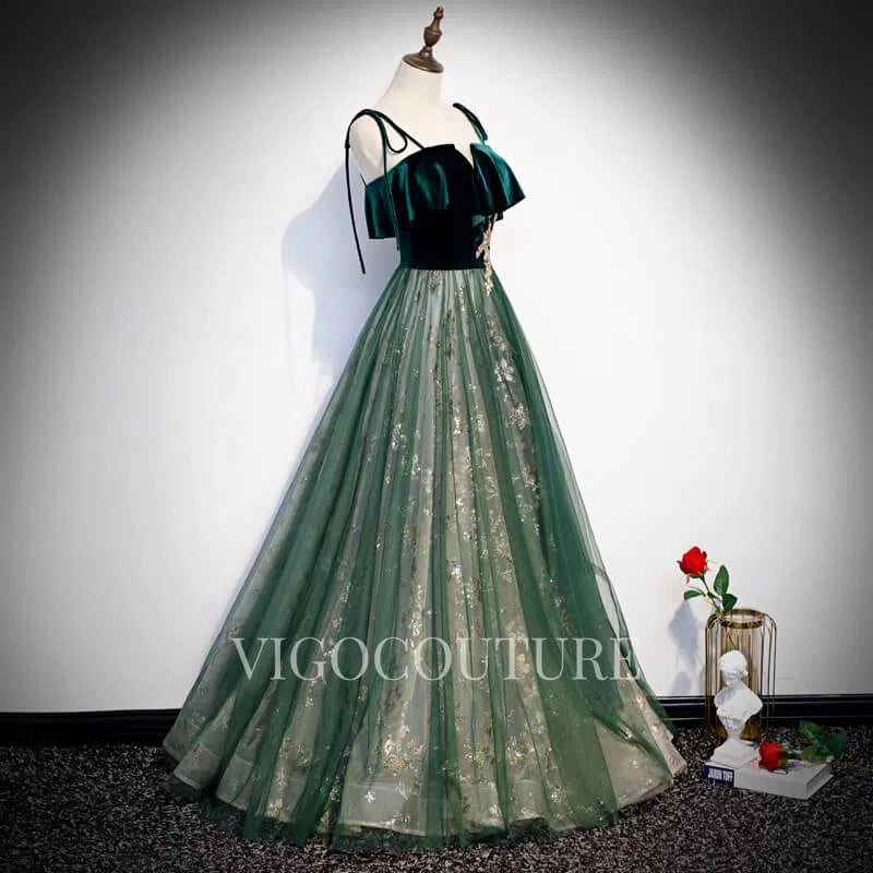 Emerald Spaghetti Strap Prom Dresses A-line Lace Prom Gown 20268 vigocouture Emerald Spaghetti Strap Prom Dresses A-line Lace Prom Gown 20268 vigocouture