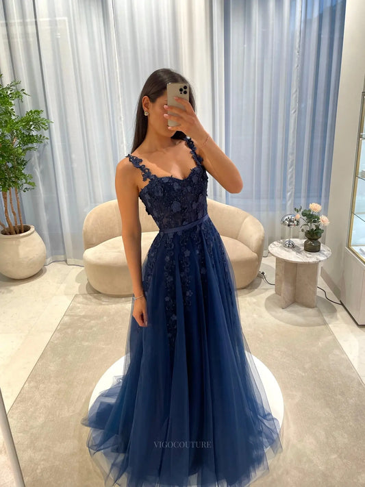 Prom Dresses 2025 to impress Enchanting Floral Lace A-Line Prom Dress with Sheer Corset Bodice and Tulle Skirt - P26048-vigocouture-Navy-Custom Size (Add Note in Cart)-vigocouture