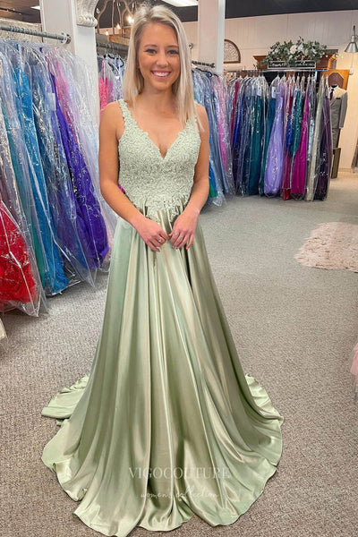 women's sage green prom dress Sage Green Beaded Lace A-Line Prom Dress with High Slit – TU009 – Viniodress main image 1
