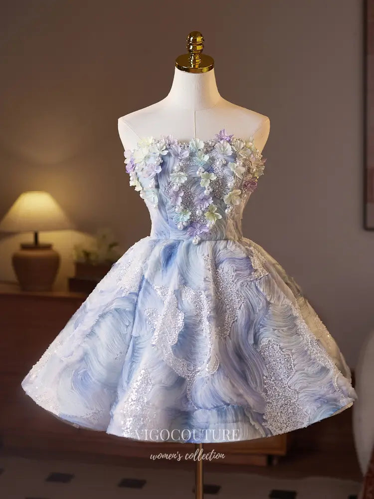 Ethereal Blue Floral 3D Appliqué Strapless Hoco Dress – hc473 – vigocouture