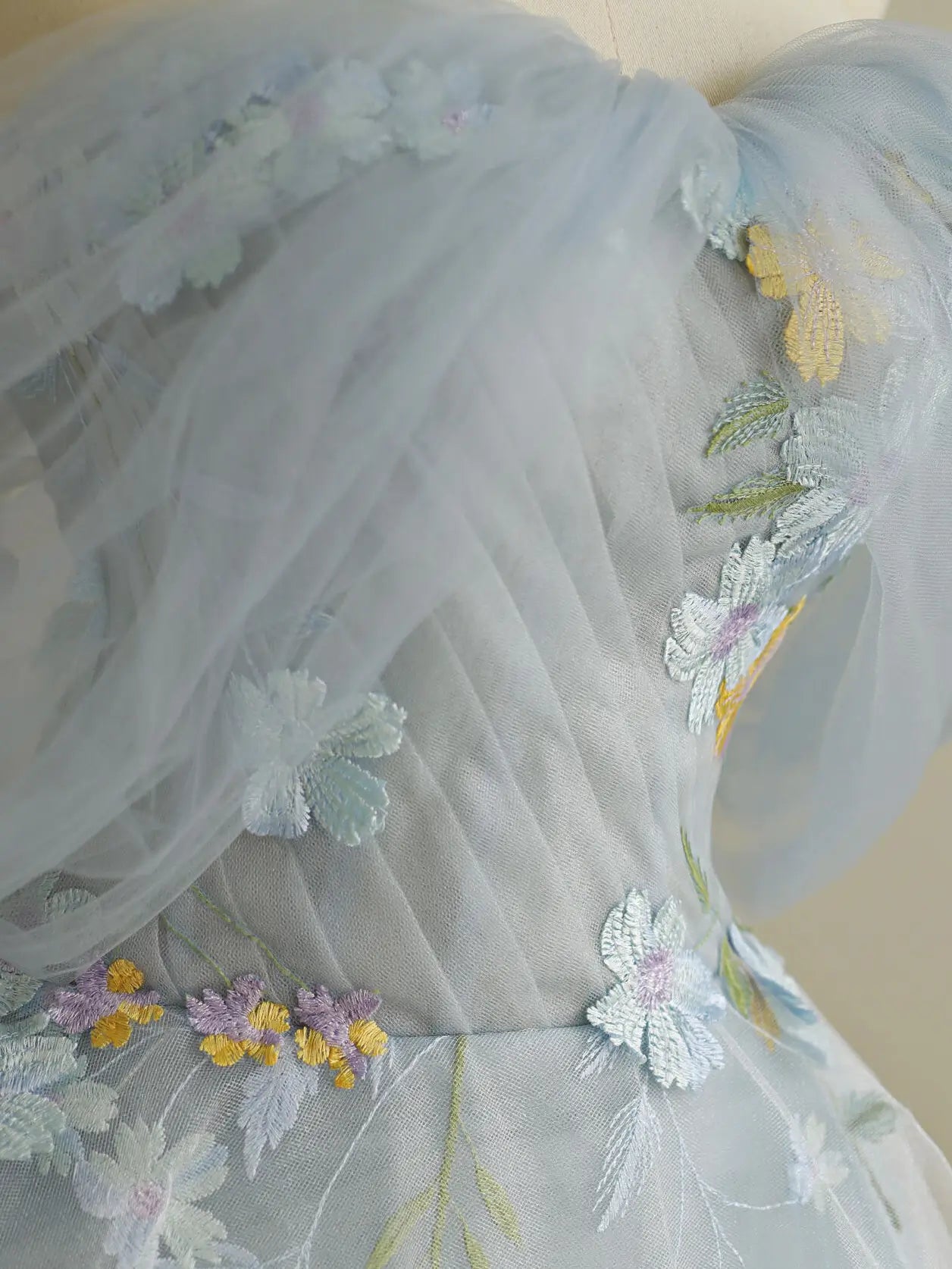 Ethereal Blue Off-Shoulder Floral Tulle Ball Gown – Romantic Embroider – vigocouture