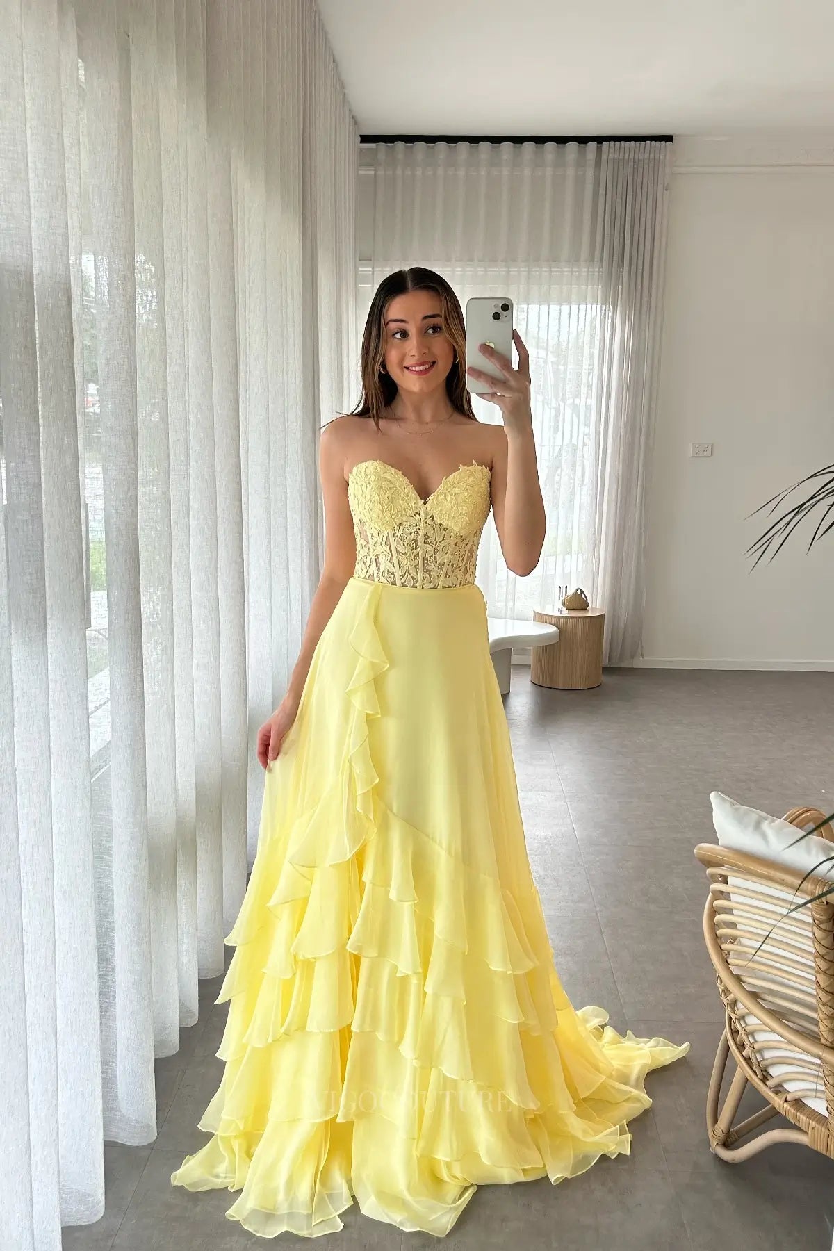 Prom Dresses 2025 to impress Ethereal Yellow Prom Dress with Sheer Sweetheart Corset, Chiffon Ruffle Skirt and Slit – 26166-vigocouture-vigocouture