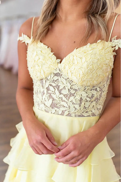 Prom Dresses 2025 to impress Ethereal Yellow Ruffle Prom Dress with Sheer Lace Bodice, Tiered Chiffon Skirt and Slit – 26167-vigocouture-vigocouture