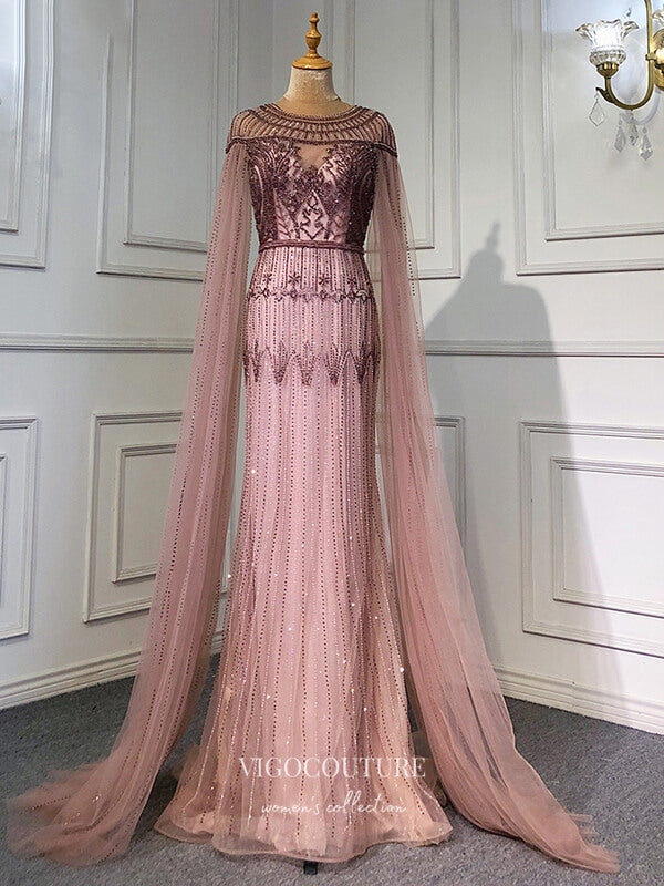 Prom Dress 2025 Extra Long Sleeve Formal Dresses Beaded Evening Dresses 21518-unique elegant Prom Dresses-Blush-US2-vigocouture