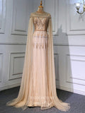 Prom Dress 2025 Extra Long Sleeve Formal Dresses Beaded Evening Dresses 21518-unique elegant Prom Dresses-Champagne-US2-vigocouture