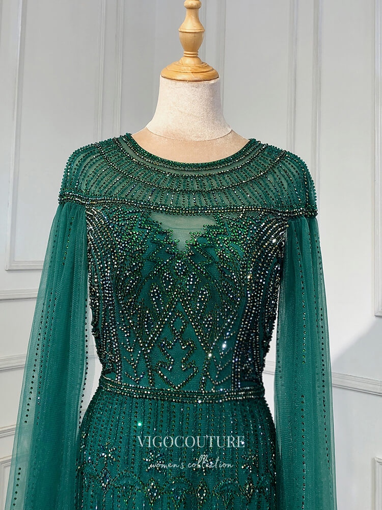 Prom Dress 2025 Extra Long Sleeve Formal Dresses Beaded Evening Dresses 21518-unique elegant Prom Dresses-Green-US2-vigocouture