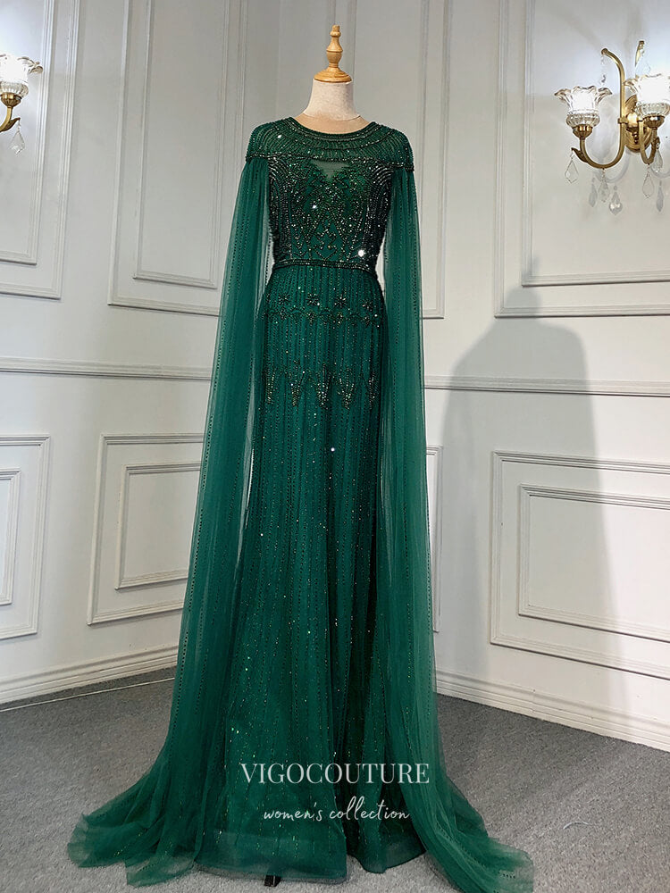 Prom Dress 2025 Extra Long Sleeve Formal Dresses Beaded Evening Dresses 21518-unique elegant Prom Dresses-Green-US2-vigocouture