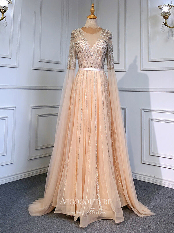 Prom Dress 2025 Extra Long Sleeve Formal Dresses Beaded Evening Dresses 21519-unique elegant Prom Dresses-Champagne-US2-vigocouture