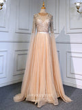 Prom Dress 2025 Extra Long Sleeve Formal Dresses Beaded Evening Dresses 21519-unique elegant Prom Dresses-Champagne-US2-vigocouture