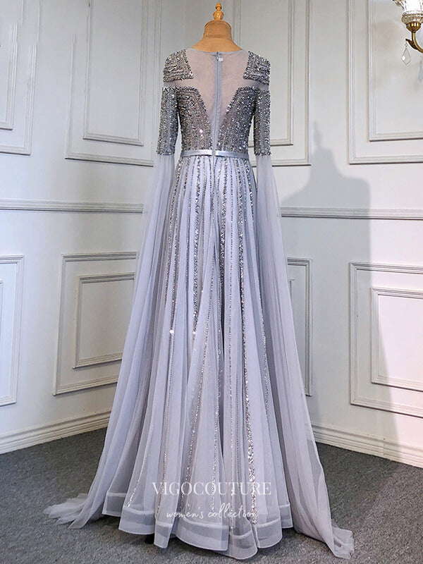 Prom Dress 2025 Extra Long Sleeve Formal Dresses Beaded Evening Dresses 21519-unique elegant Prom Dresses-Silver-US2-vigocouture