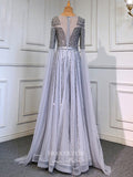 Prom Dress 2025 Extra Long Sleeve Formal Dresses Beaded Evening Dresses 21519-unique elegant Prom Dresses-Silver-US2-vigocouture