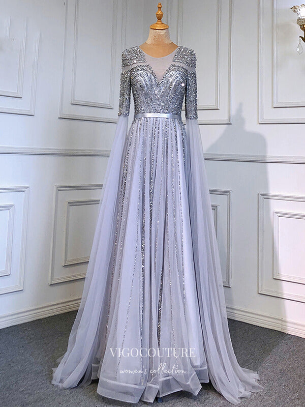 Prom Dress 2025 Extra Long Sleeve Formal Dresses Beaded Evening Dresses 21519-unique elegant Prom Dresses-Silver-US2-vigocouture