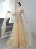 Prom Dress 2025 Extra Long Sleeves Beaded Prom Dresses Boatneck Beaded 20106-unique elegant Prom Dresses-Champagne-US2-vigocouture