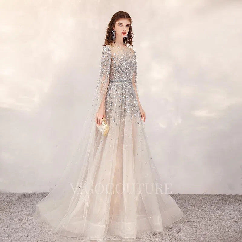 Prom Dress 2025 Extra Long Sleeves Beaded Prom Dresses Boatneck Beaded 20106-unique elegant Prom Dresses-Silver-US2-vigocouture