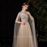 Prom Dress 2025 Extra Long Sleeves Beaded Prom Dresses Round Neck Beaded 20257-unique elegant Prom Dresses-Champagne-US2-vigocouture