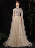 Prom Dress 2025 Extra Long Sleeves Beaded Prom Dresses Round Neck Beaded 20257-unique elegant Prom Dresses-Champagne-US2-vigocouture