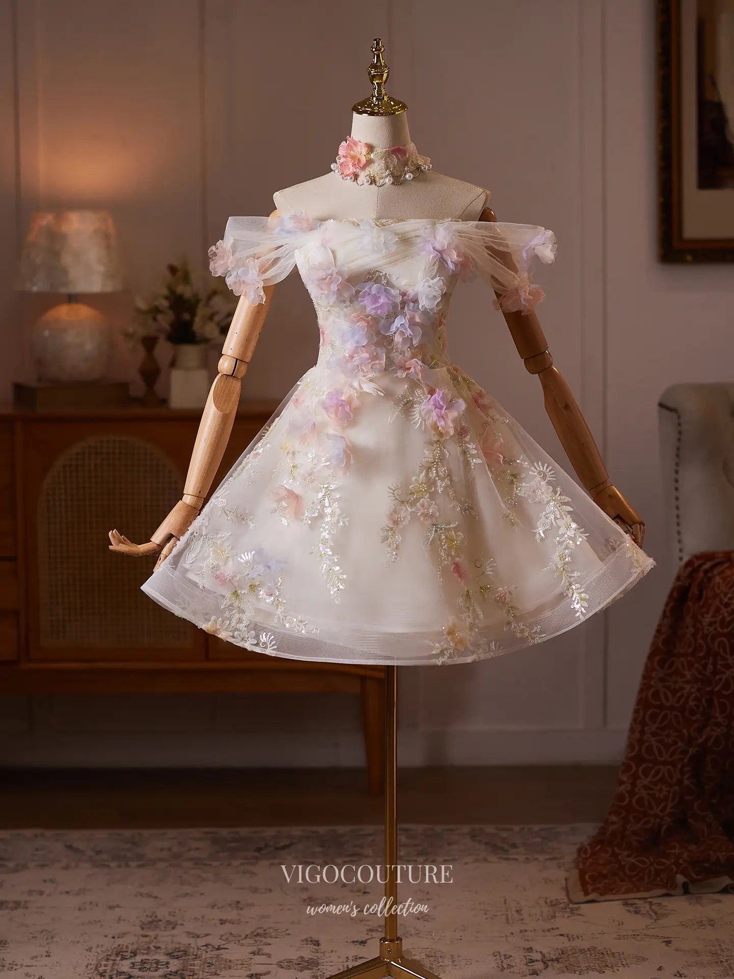 Prom Dresses 2025 to impress Fairytale Floral Applique Homecoming Dress with Off Shoulder Tulle Sleeves & Choker - HC512-vigocouture-vigocouture