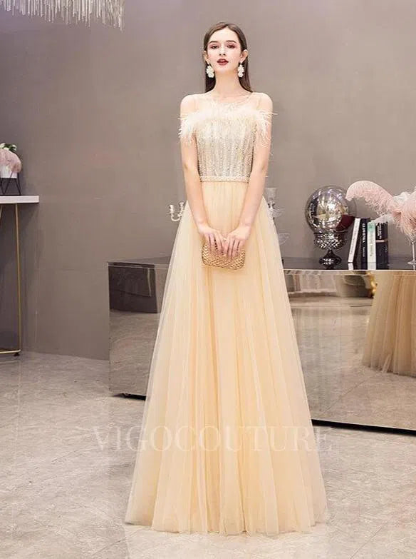 Prom Dress 2025 Feather Evening Dress Boatneck Beaded Prom Dresses 20110-unique elegant Prom Dresses-Champagne-US2-vigocouture