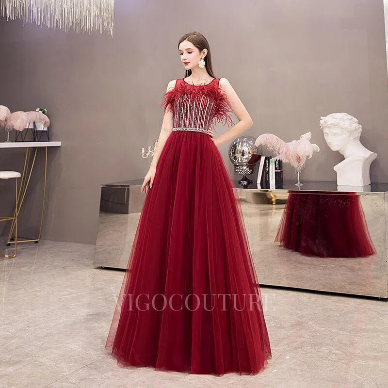 Prom Dress 2025 Feather Evening Dress Boatneck Beaded Prom Dresses 20110-unique elegant Prom Dresses-Red-US2-vigocouture