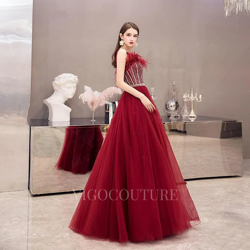 Prom Dress 2025 Feather Evening Dress Boatneck Beaded Prom Dresses 20110-unique elegant Prom Dresses-Red-US2-vigocouture