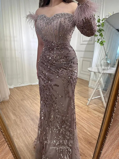 Prom Dresses 2025 to impress Feather One-Sleeve Sequin Embellished Mermaid Gown with Slit – Style 25329-vigocouture-Beige-2-vigocouture