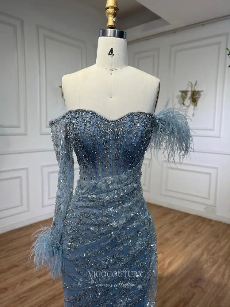 Prom Dresses 2025 to impress Feather One-Sleeve Sequin Embellished Mermaid Gown with Slit – Style 25329-vigocouture-vigocouture