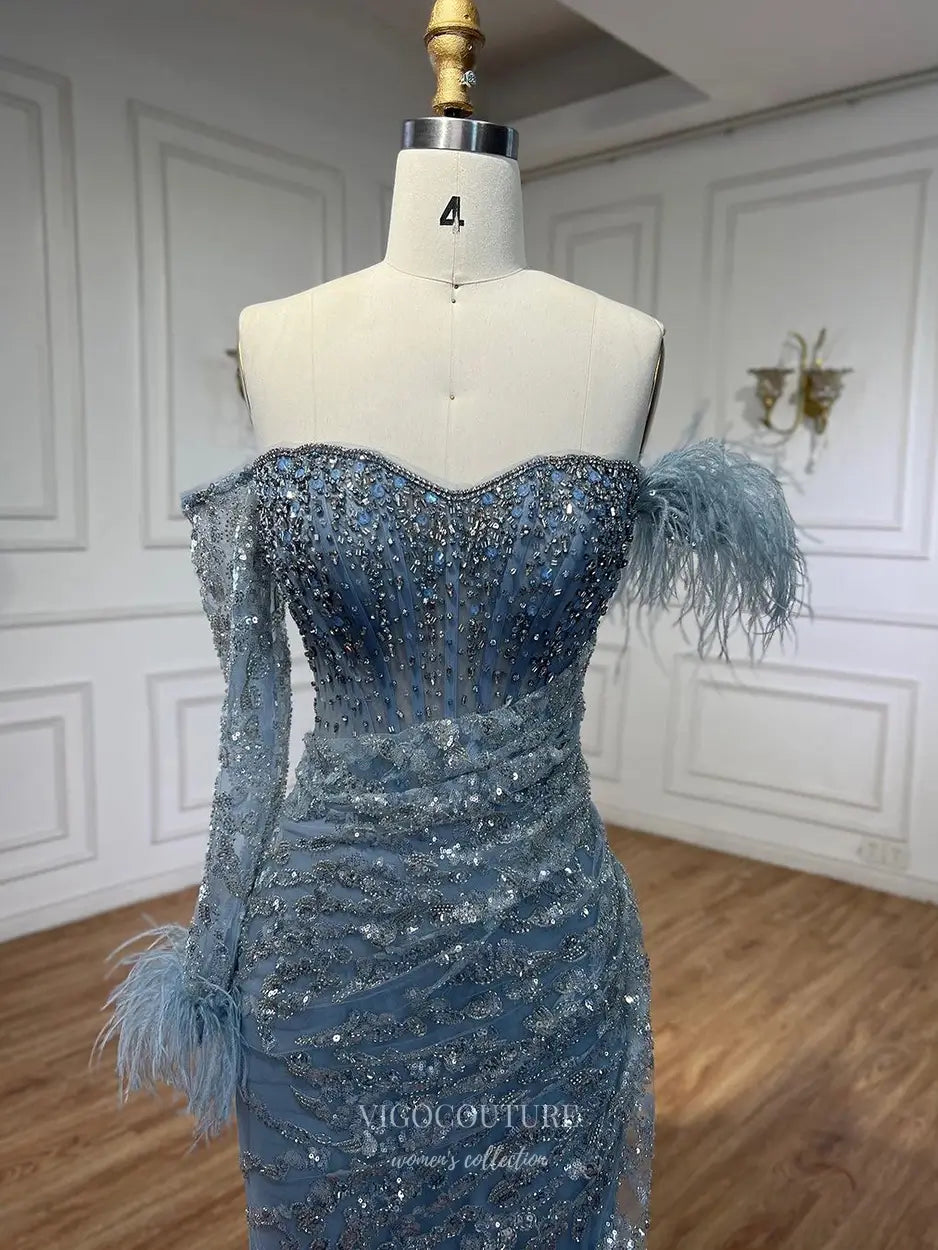 Prom Dresses 2025 to impress Feather One-Sleeve Sequin Embellished Mermaid Gown with Slit – Style 25329-vigocouture-vigocouture