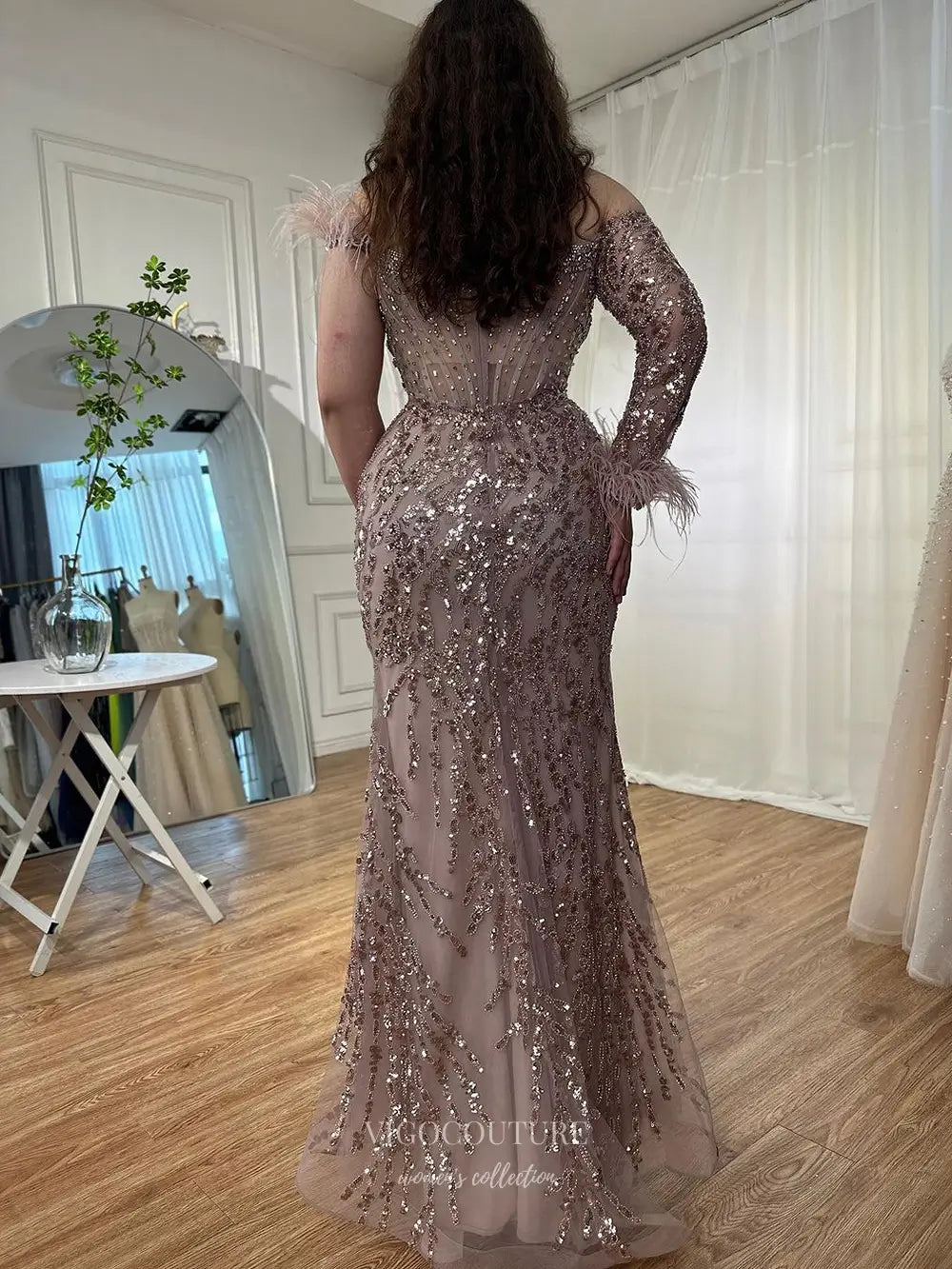 Prom Dresses 2025 to impress Feather One-Sleeve Sequin Embellished Mermaid Gown with Slit – Style 25329-vigocouture-vigocouture