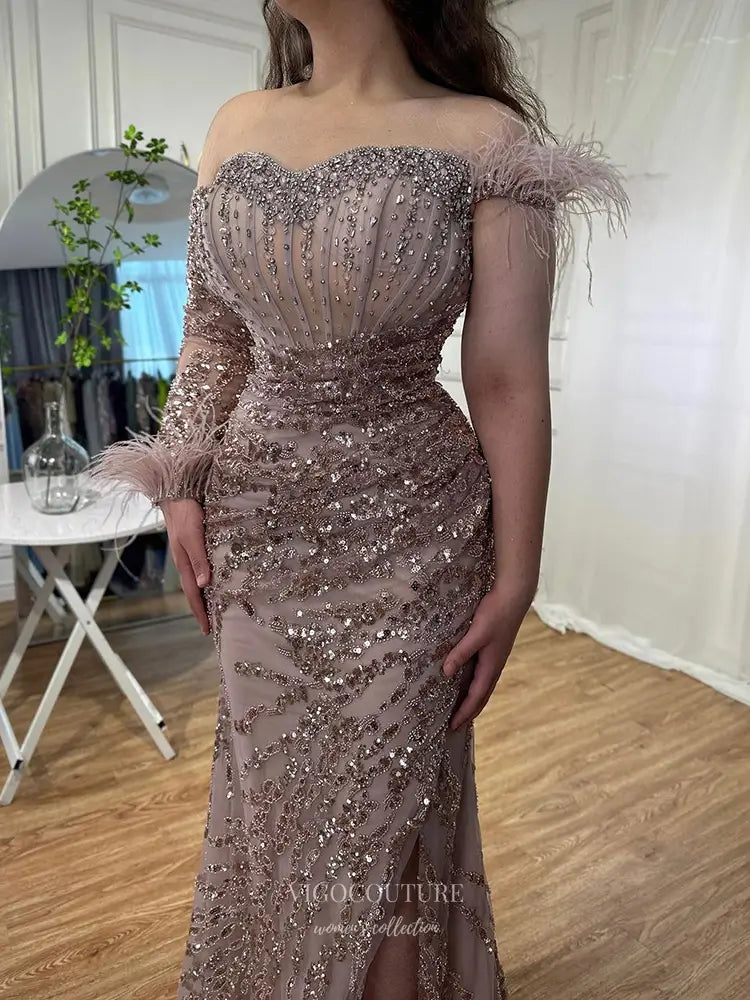 Prom Dresses 2025 to impress Feather One-Sleeve Sequin Embellished Mermaid Gown with Slit – Style 25329-vigocouture-vigocouture