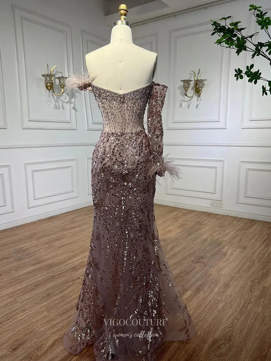 Prom Dresses 2025 to impress Feather One-Sleeve Sequin Embellished Mermaid Gown with Slit – Style 25329-vigocouture-vigocouture