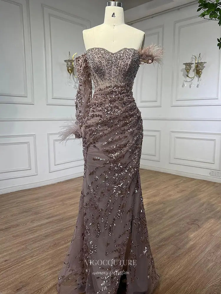 Prom Dresses 2025 to impress Feather One-Sleeve Sequin Embellished Mermaid Gown with Slit – Style 25329-vigocouture-vigocouture