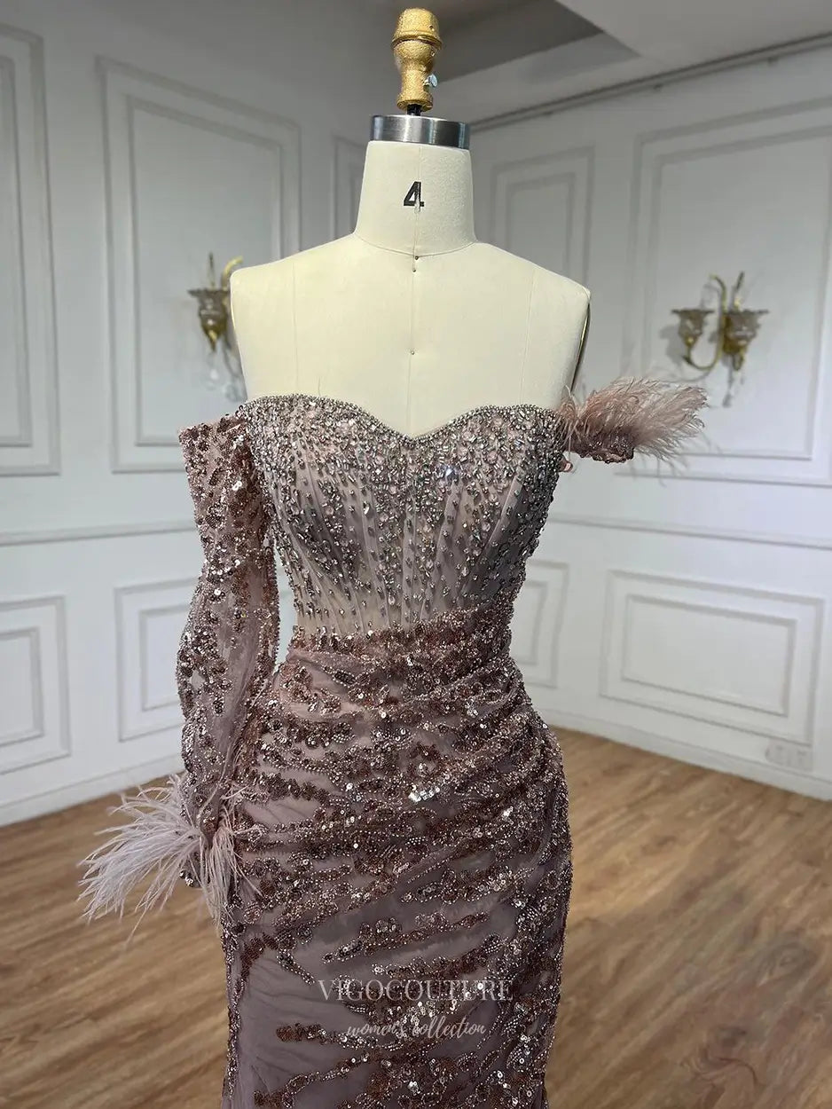 Prom Dresses 2025 to impress Feather One-Sleeve Sequin Embellished Mermaid Gown with Slit – Style 25329-vigocouture-vigocouture