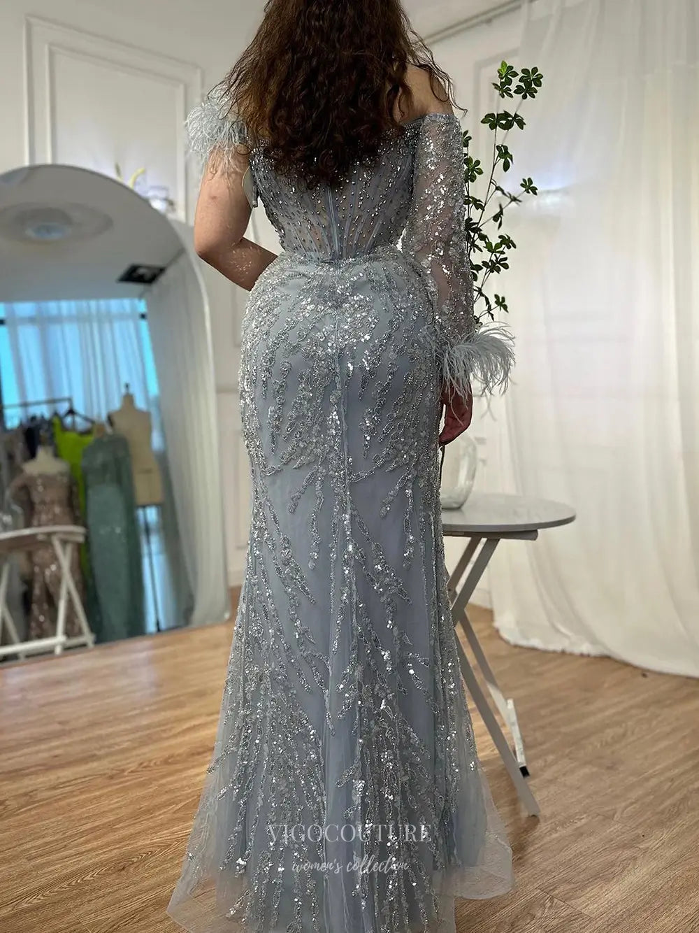 Prom Dresses 2025 to impress Feather One-Sleeve Sequin Embellished Mermaid Gown with Slit – Style 25329-vigocouture-vigocouture