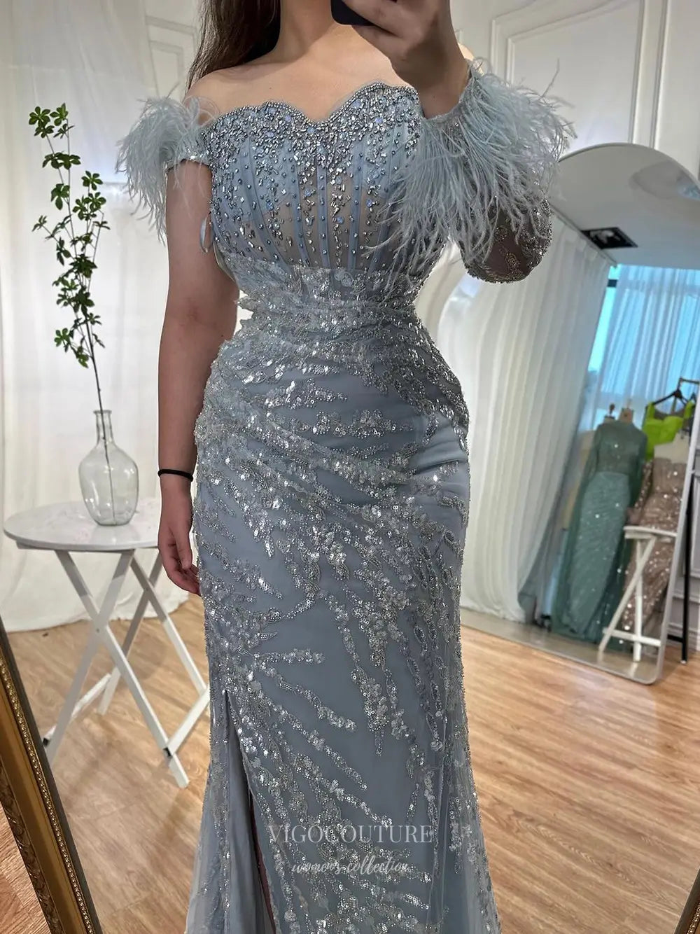 Prom Dresses 2025 to impress Feather One-Sleeve Sequin Embellished Mermaid Gown with Slit – Style 25329-vigocouture-vigocouture
