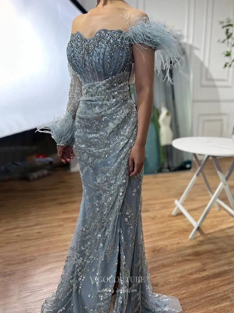 Prom Dresses 2025 to impress Feather One-Sleeve Sequin Embellished Mermaid Gown with Slit – Style 25329-vigocouture-vigocouture